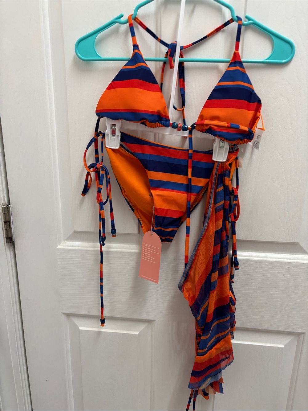 Striped Orange and Navy Tie-Side Bikini Set